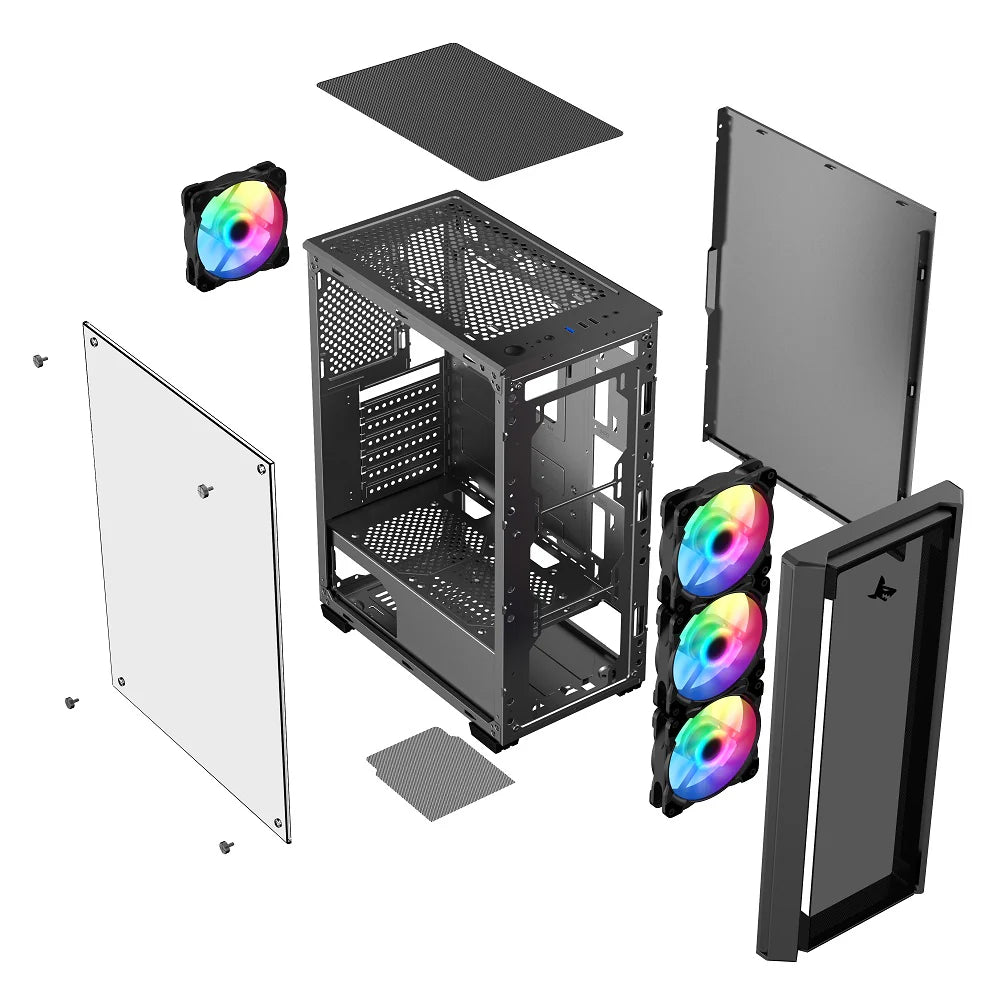 SHARX STRIKER ARGB - ATX PC Case With Front Mesh Panel, 4 x 120mm Pre-Installed Fans Model S-200, Black