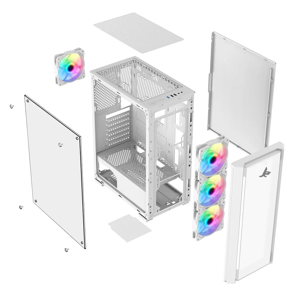 Sharx STRIKER ARGB ATX PC Case 4x120mm Pre Installed Fans | Glass Side Panel - white